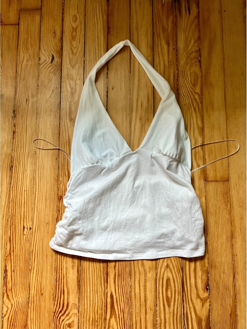 Kenneth Blue White Ruched Halter Top Deep V Tie Neck Y2K Coquette Cotton L